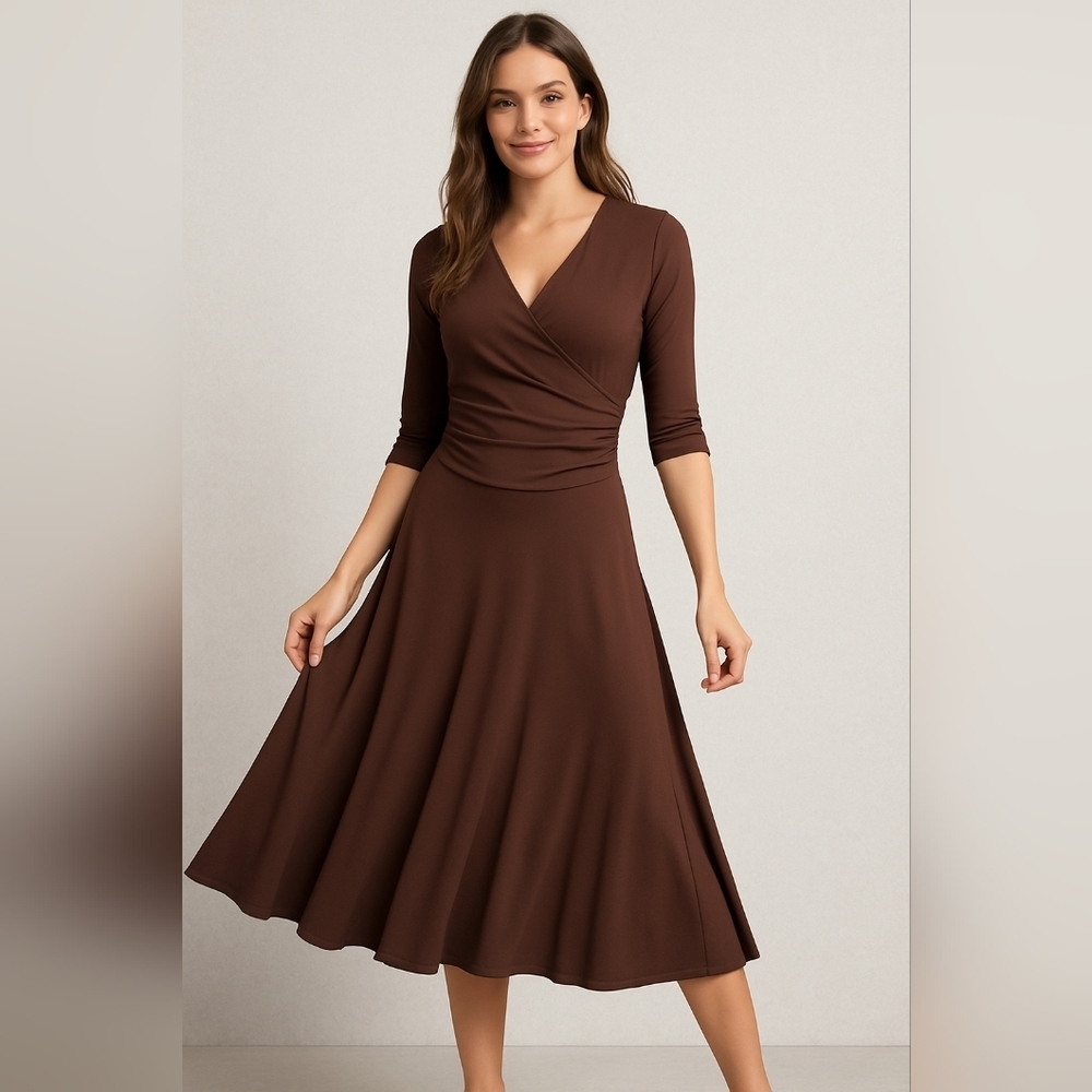 Mesmerize Brown Fit & Flare Midi Dress S NWT 3/4 Sleeve Wrap Style